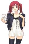  breasts cleavage copyright_request dasoku_sentarou happy long_hair medium_breasts purple_eyes red_hair solo stuffed_animal stuffed_cat stuffed_toy thighhighs twintails zettai_ryouiki 