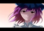  anime_coloring close-up closed_mouth face hal_(goshujinomocha) hat jpeg_artifacts letterboxed purple_hair red_eyes saigyouji_yuyuko smile solo tears touhou wind 