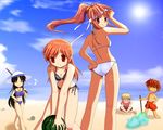  3girls artist_request beach bikini closed_eyes day food fruit hand_on_hip looking_back mabinogi mari_gwydion morrighan multiple_boys multiple_girls outdoors ruairi swimsuit tarlach triona watermelon 