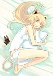  animal_ears ass barefoot blonde_hair feet lion_tail long_hair one_eye_closed orange_eyes original panties pillow pillow_hug shiromiso sleepy solo tail underwear 