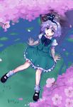  :o against_tree arm_support black_hairband blue_door blue_eyes bobby_socks bow bowtie cherry_blossoms from_above hairband konpaku_youmu leaning_back looking_up mary_janes open_mouth petals shade shoes short_hair silver_hair sitting socks solo touhou tree 