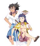  alternate_costume artist_request black_hair blue_eyes food hairband hawaiian_shirt jewelry long_hair male_focus male_swimwear multiple_boys necklace ponytail raven_(tales) shirt swim_trunks swimwear tales_of_(series) tales_of_vesperia white_background yuri_lowell 