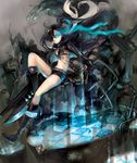  arm_cannon bad_id bad_pixiv_id belt bikini_top black_hair black_rock_shooter black_rock_shooter_(character) blue_eyes boots burning_eye chain checkered coat flat_chest front-tie_top hoshikako_(koz) long_hair midriff navel scar shorts solo sword twintails weapon 