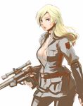  artist_request blonde_hair blue_eyes breasts choker gloves gun jacket large_breasts long_hair metal_gear_(series) metal_gear_solid open_clothes open_jacket rifle sideboob sniper_rifle sniper_wolf solo weapon 