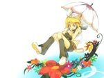  blonde_hair blue_eyes cat flower hair_ornament hair_ribbon hairclip kagamine_rin midriff ribbon short_hair shorts solo tomsan umbrella umbrella_riding vocaloid 