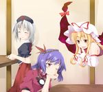  bad_id bad_pixiv_id blonde_hair braid detached_sleeves gap hairband hat long_hair multiple_girls ogami_kazuki one_eye_closed purple_hair red_eyes rope short_hair silver_hair touhou yagokoro_eirin yakumo_yukari yasaka_kanako yellow_eyes 