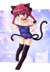  animal_ears braid cat_ears cat_tail etogami_kazuya hair_ribbon highres kaenbyou_rin multiple_tails one-piece_swimsuit red_eyes red_hair ribbon school_swimsuit short_hair solo strap_pull swimsuit tail thighhighs touhou twin_braids twintails zoom_layer 