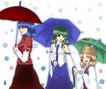  bad_id bad_pixiv_id bare_shoulders blonde_hair blue_hair blush cowboy_shot detached_sleeves extra_eyes geike holding_hands kochiya_sanae moriya_suwako multiple_girls touhou umbrella upper_body yasaka_kanako 