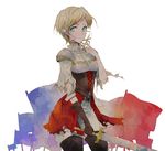  axis_powers_hetalia belt blonde_hair boots cross cuts dress elbow_gloves flag gloves green_eyes hinabu injury jeanne_d'arc_(hetalia) solo thigh_boots thighhighs torn_clothes 