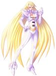  aq_interactive arcana_heart atlus bangs blonde_hair breasts cleavage dress examu female full_body long_hair looking_at_viewer mildred_avallone simple_background solo standing white_background white_dress 
