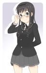  adjusting_eyewear amagami black_jacket blue_eyes blush brown_hair glasses grey_skirt hairband jacket kibito_high_school_uniform long_hair long_sleeves morishima_haruka oza_watto pleated_skirt school_uniform skirt smile solo 