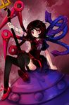  arm_support bad_id bad_pixiv_id baraen black_hair black_legwear dress fangs houjuu_nue looking_at_viewer no_panties open_mouth polearm red_eyes short_hair sitting sitting_on_object smile snake solo thighhighs touhou trident ufo weapon wings zettai_ryouiki 