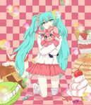  :d aqua_eyes aqua_hair cake candy checkerboard_cookie checkered checkered_background cherry chocolate cookie food fruit hatsune_miku keru kneeling long_hair lots_of_laugh_(vocaloid) macaron open_mouth pastry scrunchie skirt smile socks solo strawberry stuffed_animal stuffed_bunny stuffed_toy twintails vocaloid 