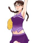  alternate_hairstyle armpits azumanga_daiou bad_id bad_pixiv_id blush braid brown_eyes brown_hair cheerleader face glasses highres long_hair mizuhara_koyomi navel oomori_harusame pom_poms solo twin_braids 