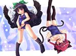  ? animal_ears black_hair bow braid cape cat_ears cat_tail etogami_kazuya eyes hair_ribbon highres kaenbyou_rin long_hair multiple_girls multiple_tails one-piece_swimsuit pulled_by_self red_eyes red_hair reiuji_utsuho ribbon school_swimsuit school_swimsuit_flap short_hair socks strap_pull swimsuit swimsuit_pull tail thighhighs touhou twin_braids twintails wallpaper wings zoom_layer 