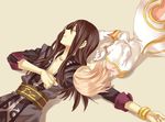  1girl black_hair bracelet estellise_sidos_heurassein gloves jewelry long_hair miho_(mi) pink_hair short_hair sleeping sleeves_folded_up tales_of_(series) tales_of_vesperia yuri_lowell 