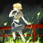  blonde_hair bridge detached_sleeves fire flat_chest glowing green_eyes mizuhashi_parsee night night_sky outdoors pleated_skirt pointy_ears profile short_hair skirt sky smile solo standing susumu touhou 