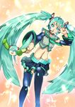  aqua_eyes aqua_hair bad_id bad_pixiv_id bh001 detached_sleeves hachune_miku hatsune_miku highres long_hair midriff navel necktie skirt solo thighhighs twintails v very_long_hair vocaloid yukkuri_shiteitte_ne zettai_ryouiki 