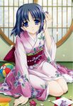  artist_request blue_hair hair_ornament hairclip isawa_tae japanese_clothes kimono lamune origami paper_crane solo 