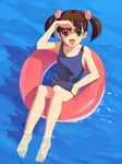  :d afloat barefoot brown_eyes brown_hair child feet flat_chest hair_bobbles hair_ornament innertube natori_(natorism) one-piece_swimsuit open_mouth original school_swimsuit short_hair short_twintails smile solo swimsuit twintails water 