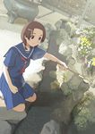  black_eyes brown_hair buddha censer dutch_angle flower garden hair_ornament hairclip holding incense light_smile morifumi original pouring school_uniform serafuku shrine solo squatting statue 