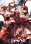  ascot bat_wings dutch_angle embellished_costume hand_on_own_head hat hat_ribbon lavender_hair pointing pointing_at_viewer red_eyes remilia_scarlet ribbon sash short_hair skirt skirt_set smile solo touhou ultimate_asuka wings wrist_cuffs 