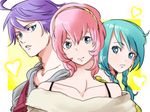  2girls agata_no_michi ahoge alternate_hairstyle aqua_hair blue_eyes braid casual hairband hatsune_miku heart kamui_gakupo long_hair megurine_luka multiple_girls pink_hair purple_hair smile twin_braids vocaloid 