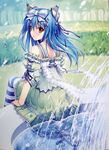  animal_ears bare_shoulders blue_hair cat_ears cat_tail copyright_request dress highres icqoo jpeg_artifacts orange_eyes sayori solo tail water 
