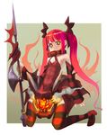  :&lt; armor bad_anatomy bad_id bad_pixiv_id blush collar detached_sleeves fang fire flat_chest head_wings horns kanipanda kneeling long_hair original red_hair smoke solo striped striped_legwear thighhighs twintails weapon 