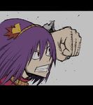  action angry clenched_hand hair_ornament hairband highres karu_(ishiken) leaf_hair_ornament letterboxed nib_pen_(medium) purple_hair red_eyes scowl solo touhou traditional_media yasaka_kanako 