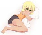  :t androgynous barefoot blonde_hair feet inazuma_eleven inazuma_eleven_(series) male_focus miyasaka_ryou otoko_no_ko pillow pillow_hug pout shorts solo tears yuki_miya 