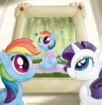  2014 big_eyes blanket blue_eyes canopy clothed clothing cub detailed_background equine female feral firefly friendship_is_magic grass hair horn horse light looking_up mammal mane multicolored_hair my_little_pony painting pegasus pink_eyes pony portrait rainbow_dash_(mlp) rarity_(mlp) reflection shadow smudge_proof surprise tree unicorn weeping_willow window wings young 