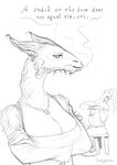  2014 alcohol arms_folded barmaid beer beverage big_breasts breasts broken_arm chair chauvinism dragon ear_piercing female fracture humanoid irritated necklace orc outfit piercing sexism table topknot woll wolly_dragon zaggatar 