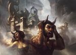 adam_paquette anthro cleavage clothed clothing female group hands_on_head horn magic_the_gathering male official_art panic pointy_ears raining satyr screaming smoke throne 