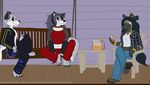  anthro canine family female group heyitshappydoodles hindpaw hyena male mammal paws relaxing tea toe_ring wolf wolfyena 