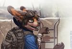  anthro backpack bandanna bipedal bunnyfox clothed clothing ear_piercing eyewear female fighterjet goggles hair hybrid jewelry ladder mammal open_mouth outside piercing ring smile solo wall 