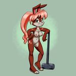  2014 anthro breasts carelessdoodler dust:_an_elysian_tail female green_eyes hair haley haley_(elysian_tail) hammer lagomorph long_hair looking_at_viewer mammal navel nipples nude open_mouth pink_hair plain_background pussy rabbit sledgehammer solo tools video_games 