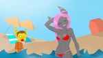  beach bikini blood breasts clothing duo eightysix eyes_closed female hair hi_res katie lombax nosebleed outside pink_hair ratchet ratchet_and_clank sand seaside smile smirk stripes swimsuit teenager video_games water wave wet young 
