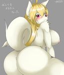  alamode anthro big_breasts big_butt black_nose blonde_hair blush breasts butt canine chubby dog female fur hair huge_breasts huge_butt long_hair looking_at_viewer looking_back mammal nipples red_eyes side_boob smile solo white_fur yus-ts 