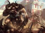  abs anthro armor biceps big_muscles blood city cityscape clothing club daarken duo fur horn loincloth magic_the_gathering male minotaur muscles nipples official_art pecs polearm skull solo_focus standing step_pose toned vein weapon 