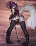  2014 anthro boots bottomless butt canine clothed clothing female flashing fruitbloodmilkshake hair half-dressed looking_at_viewer looking_back mammal no_underwear purple_hair pussy pussy_juice sign skirt solo tongue tongue_out upskirt wolf 