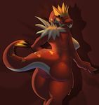  2014 anthro big_breasts breasts brown_background claws dinosaur elpatrixf female hi_res looking_at_viewer nintendo nipples nude plain_background pok&eacute;mon pok&eacute;morph scalie shadow smile solo standing teeth theropod tyrannosaurus_rex tyrantrum video_games 