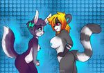  5_fingers anthro areola black_nose breasts cinnamama duo female fur green_eyes grey_fur hair long_hair multicolored_fur nipples nude orange_hair pattern_background pink_nose purple_fur purple_hair red_eyes short_hair smile standing two_tone_fur wars white_fur 