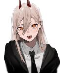  +_+ 1girl absurdres black_jacket black_necktie blonde_hair blurry breasts chainsaw_man collared_shirt commentary demon_horns depth_of_field dress_shirt eyebrows_visible_through_hair fangs hair_between_eyes highres horns jacket ktym_777 long_hair looking_at_viewer necktie open_clothes open_jacket open_mouth orange_eyes power_(chainsaw_man) sharp_teeth shirt simple_background small_breasts smile solo straight_hair teeth tsurime upper_body white_background white_shirt wing_collar 