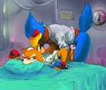  anal anal_penetration anthro avian bed bent_over bird blush bottomless canine clothed clothing cum cum_in_ass cum_inside daftpatriot duo falco_lombardi fingerless_gloves fox fox_mccloud from_behind gay gloves half-dressed inside jacket male mammal nintendo on_bed penetration pheasant star_fox video_games 