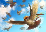  ambiguous_gender avian beak bird cloud cloudscape day feathered_crest feathered_wings feathers feral flying group nintendo outside pidgeot pidgeotto pidgey pok&eacute;mon ruth-tay sky solo_focus tail_feathers video_games wings yellow_eyes 
