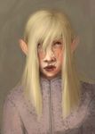  2014 abstract_background ambiguous_gender blonde_hair clothed clothing dragon_age elf grey_eyes hair long_hair mutisija not_furry pointy_ears portrait scar solo tattoo video_games 