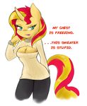 2014 ambris anthro anthrofied blonde_hair blush breasts cleavage clothed clothing dialogue english_text equestria_girls equine female green_eyes hair horn keyhole_turtleneck mammal my_little_pony plain_background red_hair solo sunset_shimmer_(eg) sweater text two_tone_hair unicorn white_background 