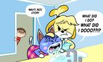  animal_crossing anthro bathroom blue_fur brown_hair canine cat closed dialogue dog feline female fur hair hotdiggedydemon human isabelle_(animal_crossing) male mammal nintendo rosie_(animal_crossing) soap text video_games yellow_fur 
