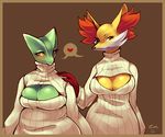  &lt;3 2014 anthro big_breasts blush breasts cleavage clothed clothing delphox duo eyelashes female hand_on_shoulder inner_ear_fluff keyhole_turtleneck looking_at_viewer nintendo pok&eacute;mon red_eyes sceptile standing sweater video_games zanthu 